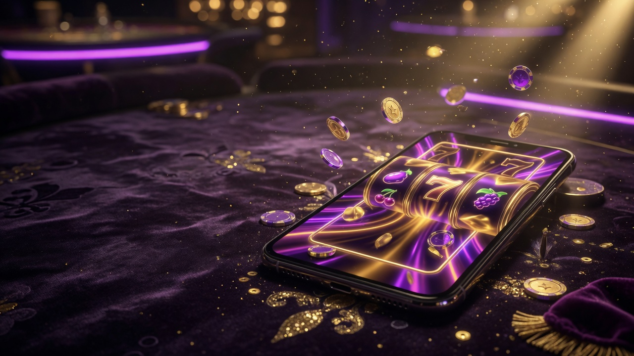 Smartphone on a purple casino table showing a gold and purple slot lobby for the Fortuna Slots App.